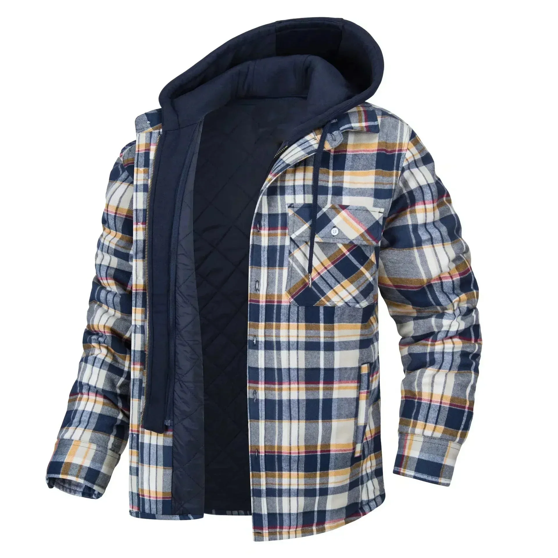 2024 Men's Winter Hooded Jacket – Warm, Thick Cotton Casual Coat with Detachable Hood & Plaid Design for Autumn & Winter