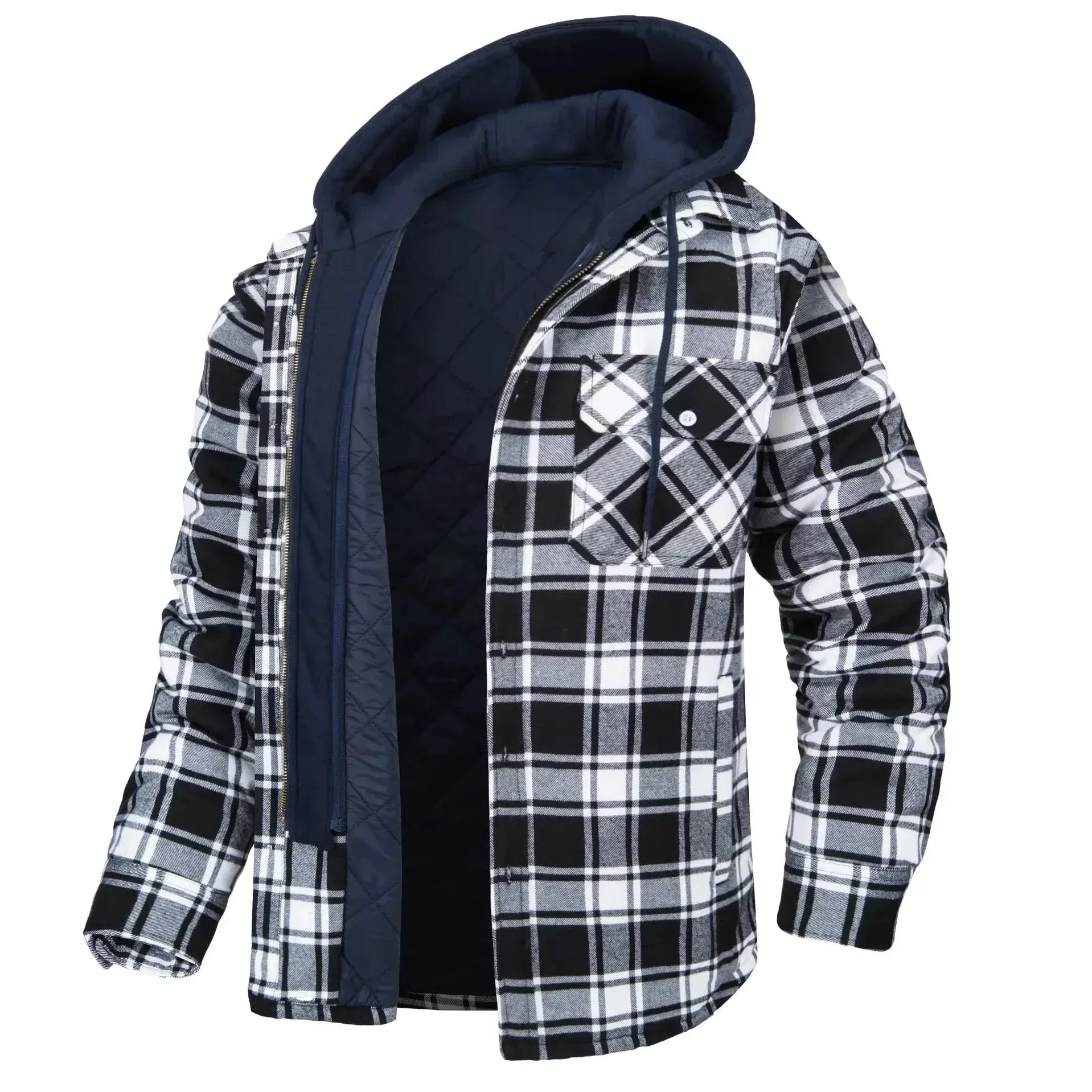 2024 Men's Winter Hooded Jacket – Warm, Thick Cotton Casual Coat with Detachable Hood & Plaid Design for Autumn & Winter