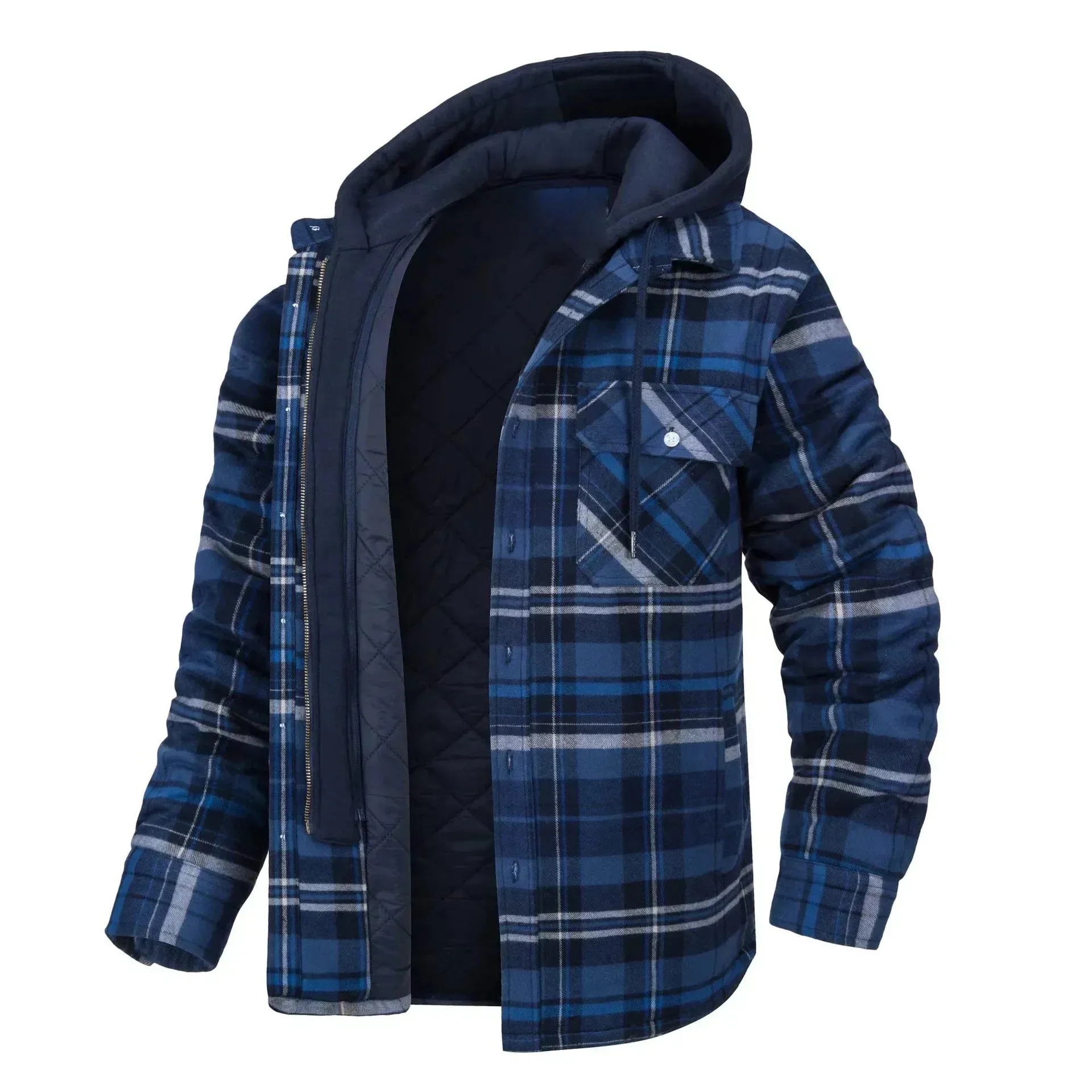 2024 Men's Winter Hooded Jacket – Warm, Thick Cotton Casual Coat with Detachable Hood & Plaid Design for Autumn & Winter