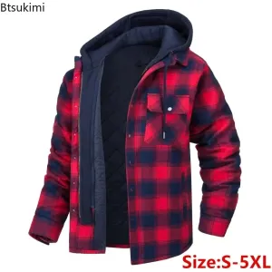 2024 Men's Winter Hooded Jacket – Warm, Thick Cotton Casual Coat with Detachable Hood & Plaid Design for Autumn & Winter