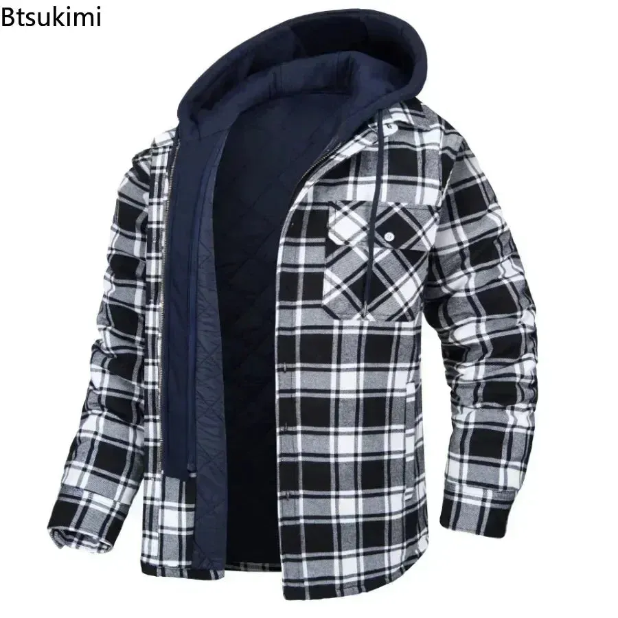 2024 Men's Winter Hooded Jacket – Warm, Thick Cotton Casual Coat with Detachable Hood & Plaid Design for Autumn & Winter