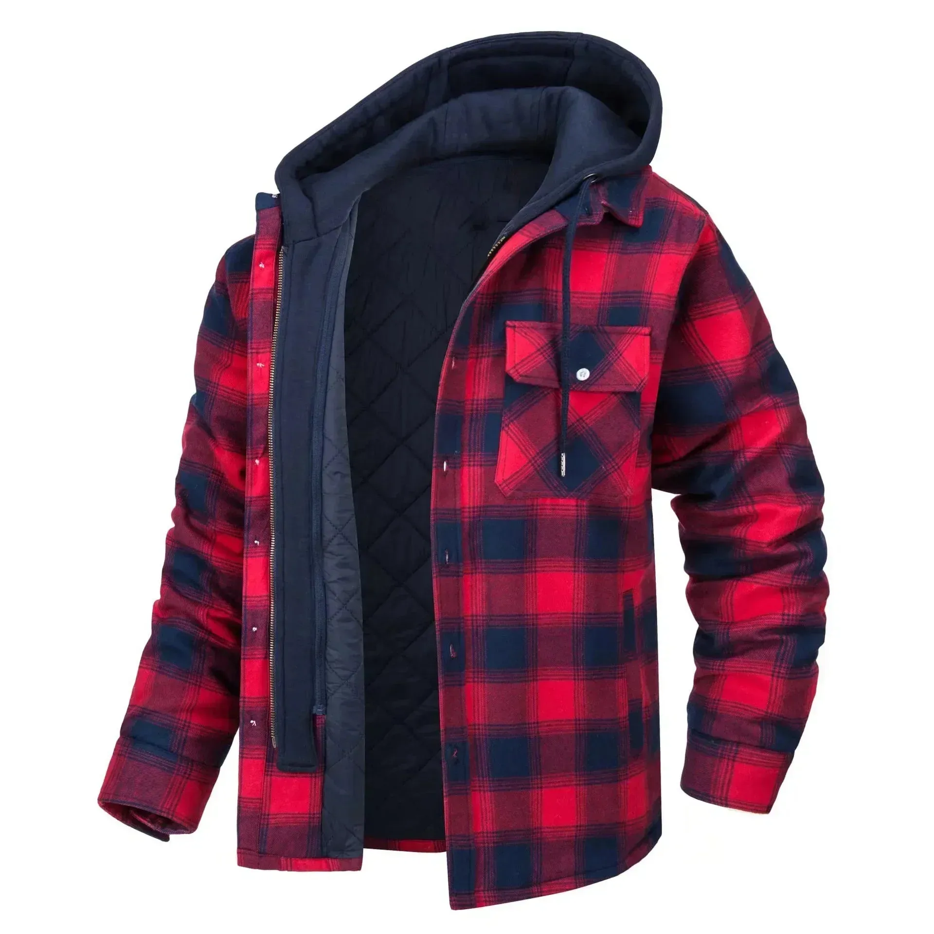 2024 Men's Winter Hooded Jacket – Warm, Thick Cotton Casual Coat with Detachable Hood & Plaid Design for Autumn & Winter