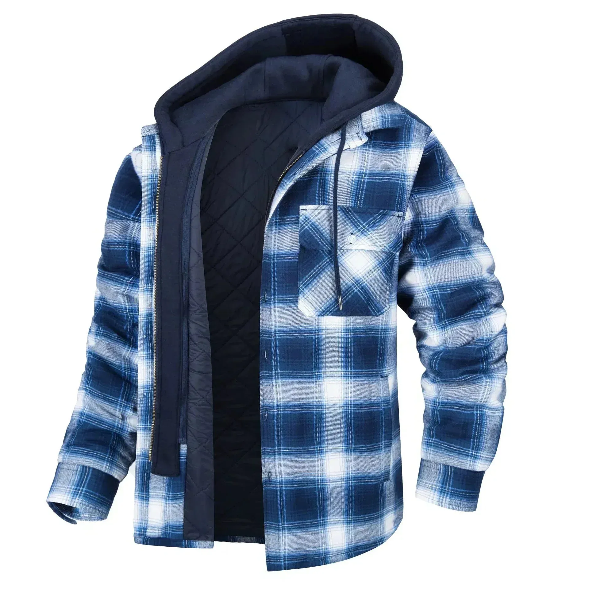 2024 Men's Winter Hooded Jacket – Warm, Thick Cotton Casual Coat with Detachable Hood & Plaid Design for Autumn & Winter
