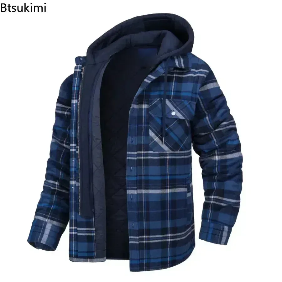 2024 Men's Winter Hooded Jacket – Warm, Thick Cotton Casual Coat with Detachable Hood & Plaid Design for Autumn & Winter