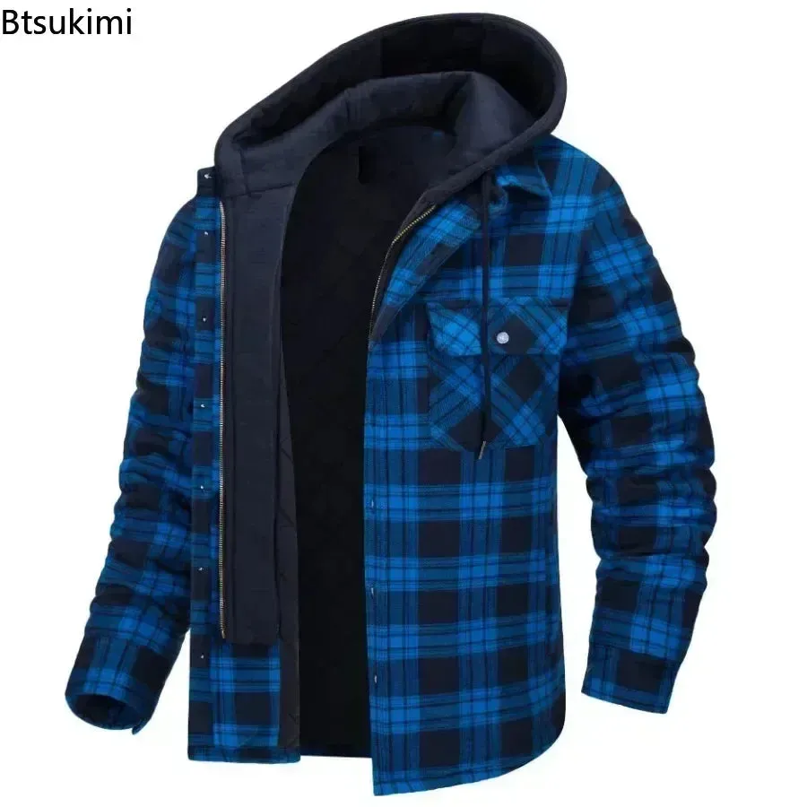 2024 Men's Winter Hooded Jacket – Warm, Thick Cotton Casual Coat with Detachable Hood & Plaid Design for Autumn & Winter