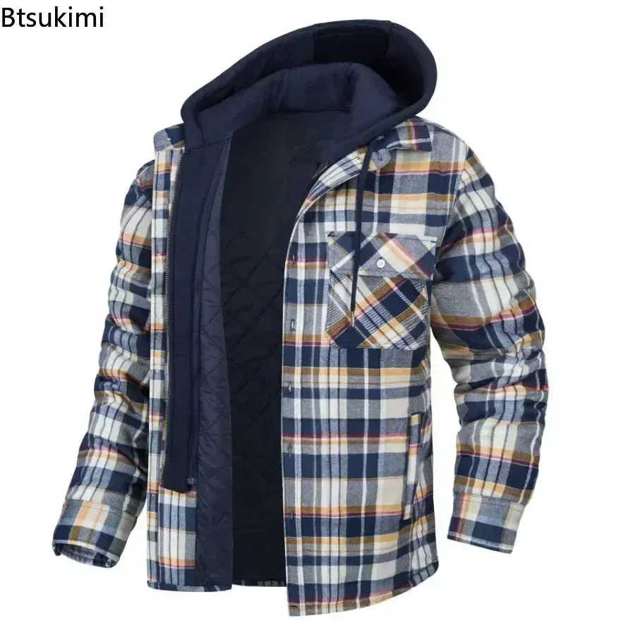 2024 Men's Winter Hooded Jacket – Warm, Thick Cotton Casual Coat with Detachable Hood & Plaid Design for Autumn & Winter