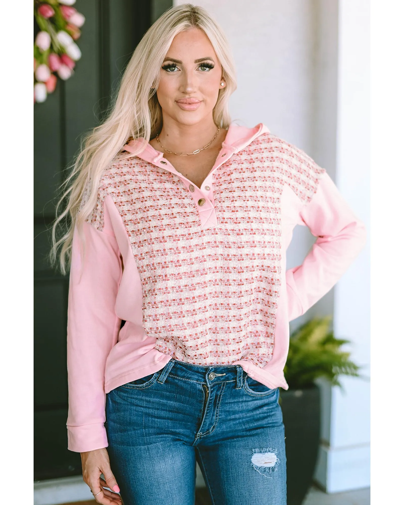 Azura Exchange Striped Tweed Patchwork Button Hoodie - M
