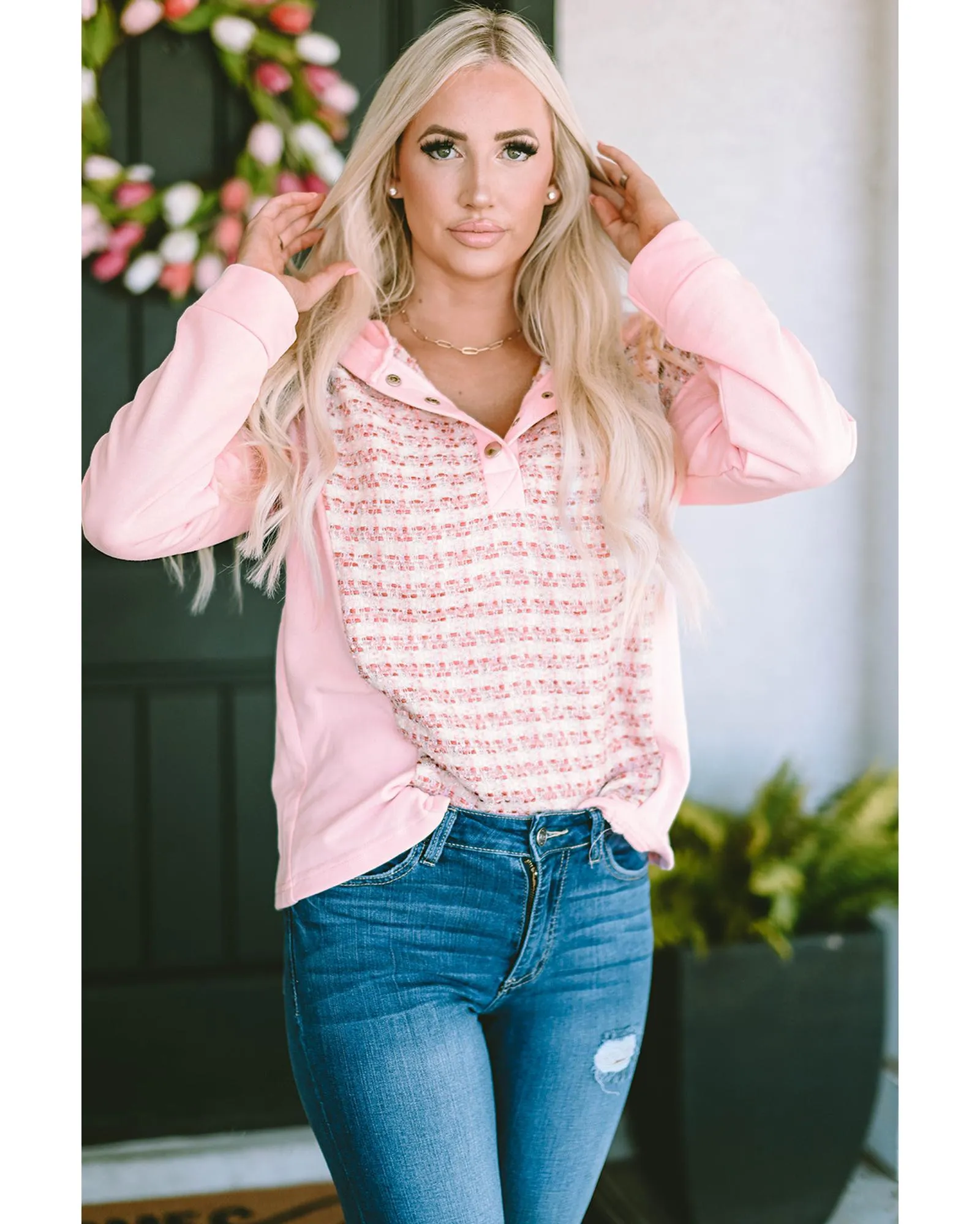 Azura Exchange Striped Tweed Patchwork Button Hoodie - M