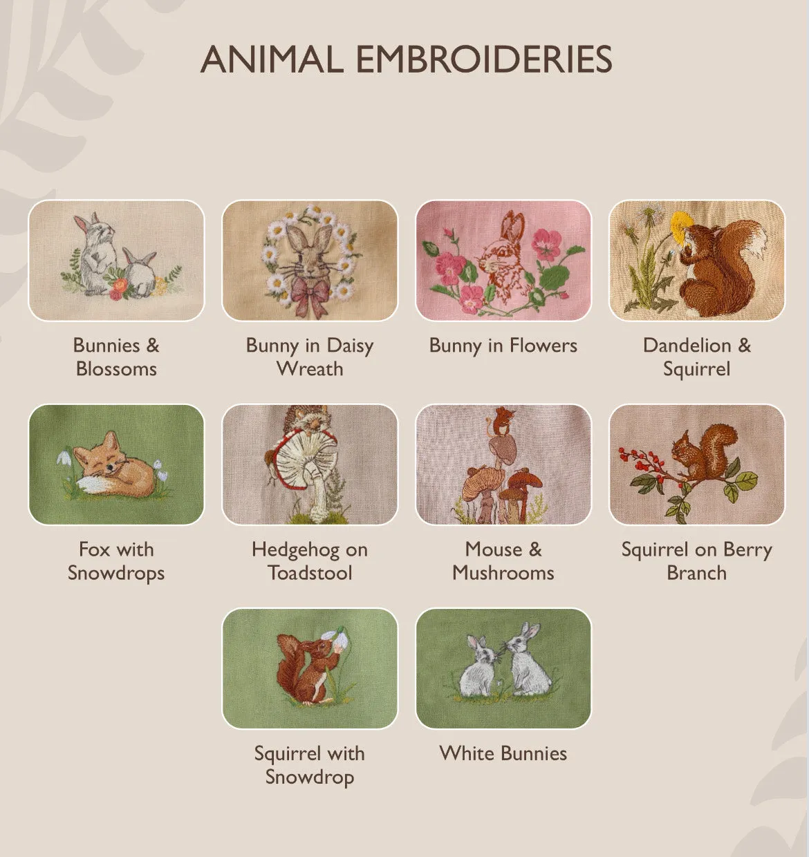 Beige Linen Shoulder Closure Romper with "Mouse and Mushrooms" Embroidery
