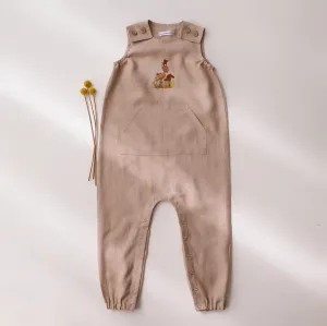 Beige Linen Shoulder Closure Romper with "Mouse and Mushrooms" Embroidery