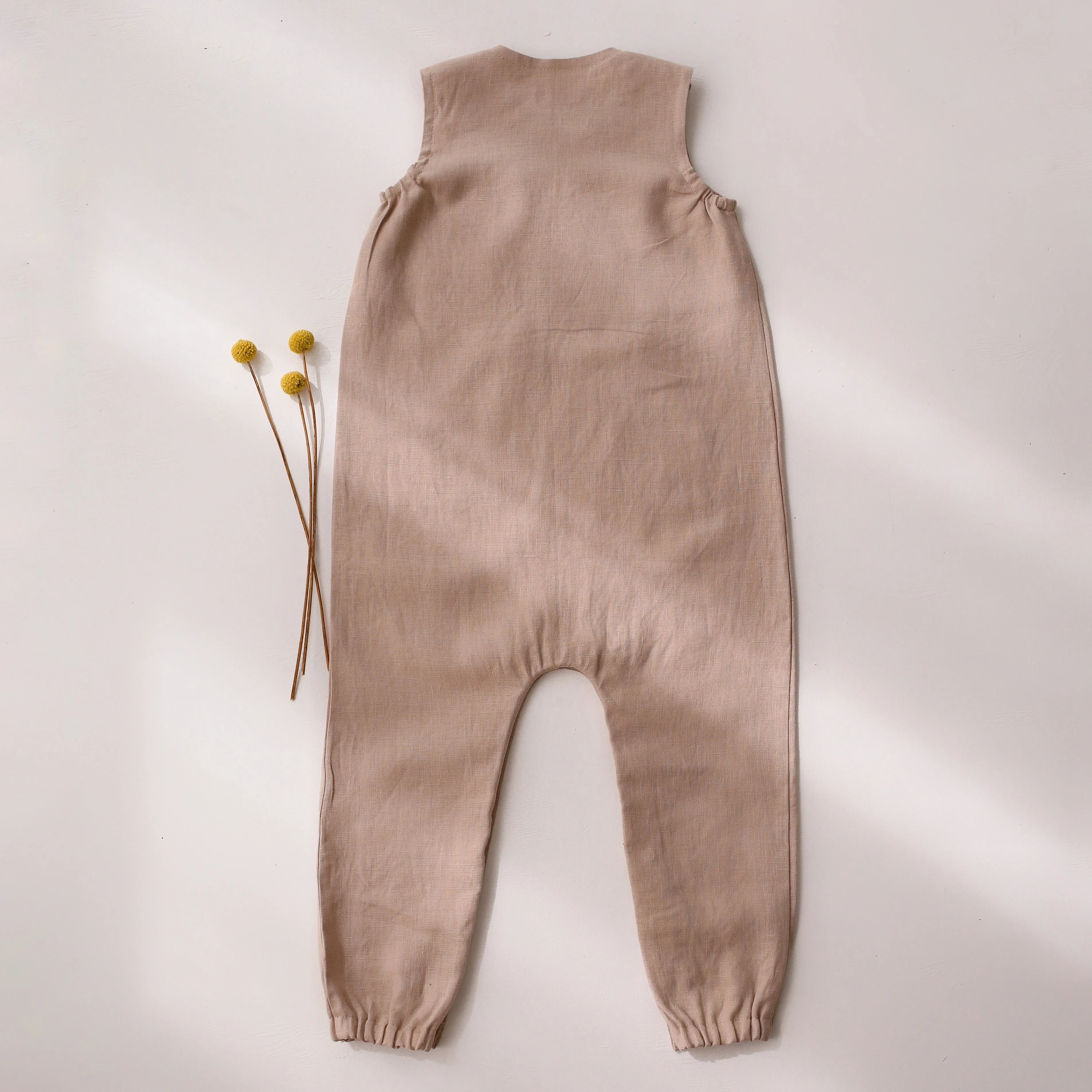 Beige Linen Shoulder Closure Romper with "Mouse and Mushrooms" Embroidery