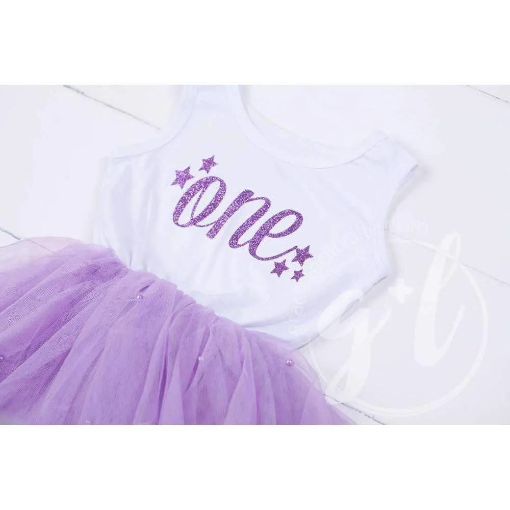 Birthday Dress Purple Starry Script with her AGE White Sleeveless with Purple Tutu