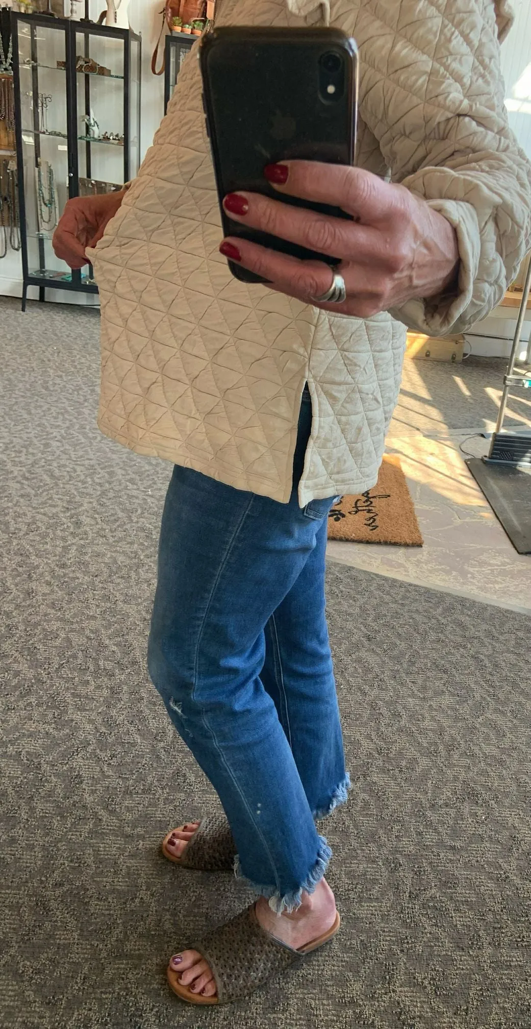 Cream Quilted 1/4 Zip Ruffle Sleeve Sweatshirt - S to 3X