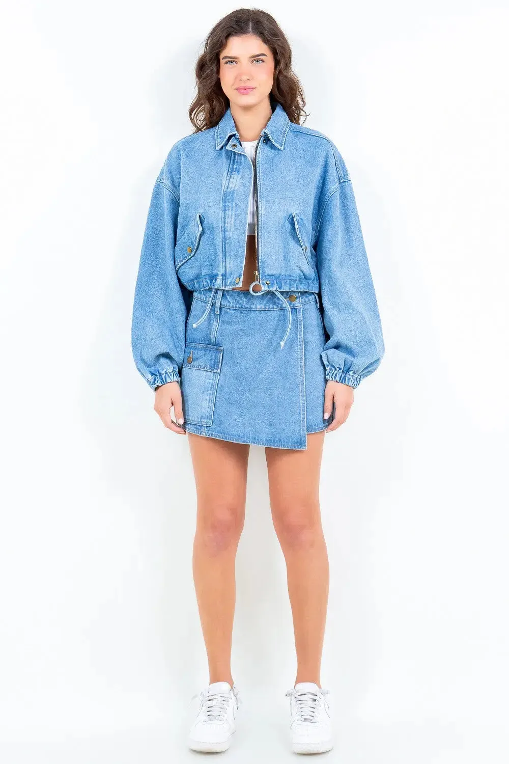 Drawstring Waist Crop Denim Jacket – Trendy & Versatile Outerwear
