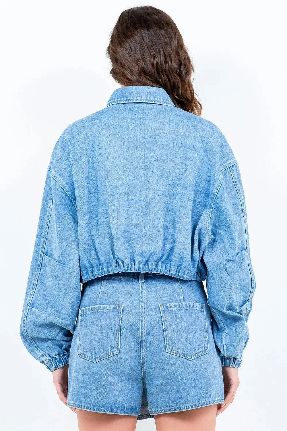 Drawstring Waist Crop Denim Jacket – Trendy & Versatile Outerwear