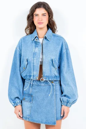 Drawstring Waist Crop Denim Jacket – Trendy & Versatile Outerwear