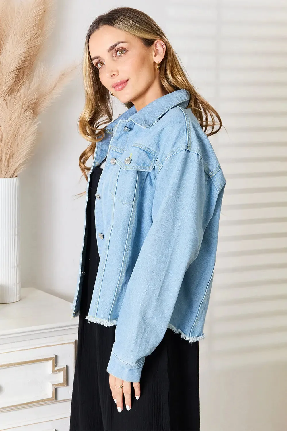 Dropped Shoulder Raw Hem Denim Jacket - Trendy, Edgy & Versatile