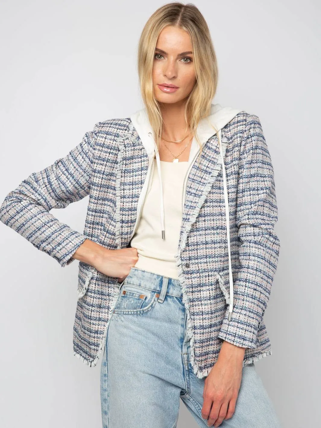Navy Combo Plaid Tweed Hoodie Blazer