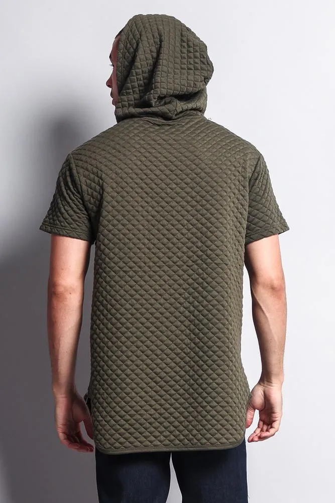 Quilted Long Length Curved Hem Hooded T-Shirt