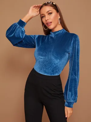 Stand Collar Bishop Sleeve Velvet Tee